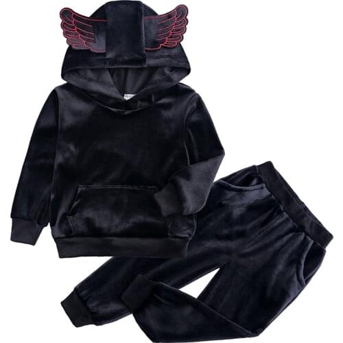 Hooded coat Velvet+pants for 2019 Spring Autumn children boy girl costume kids outfits toddler clothes set tracksuit black red