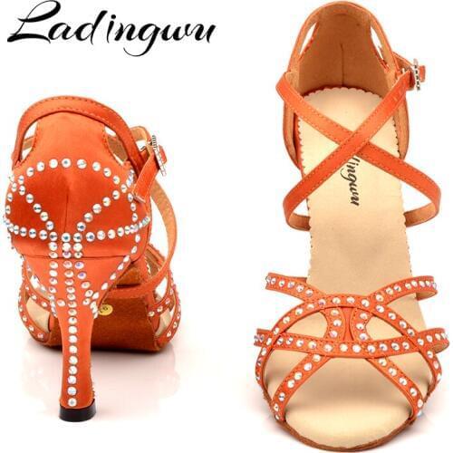 Ladingwu Dance Shoes Latin Women Rhinestone Salsa Shoes Dance Ballroom Party Profession Dance Shoes unique design Brown Satin