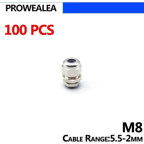 Metal Cable Gland 100pcs M8 IP68 Waterproof Brass Cable Gland Weatherproof Silicone Rubber Insert Type Fine Copper Joint