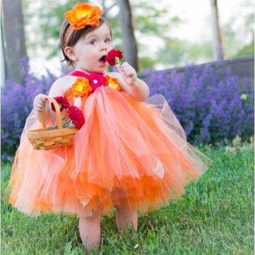Cute Girls Flower Tutu Dress Kids Fluffy Crochet Tulle Dress Ball Gown Strap Dress with Red Headband Children Party Dress Cloth