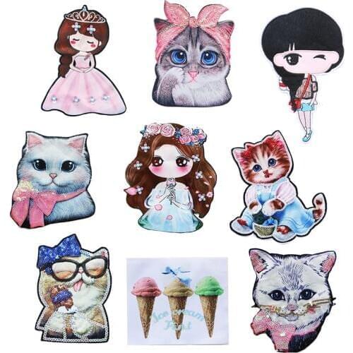 Cartoon Decorative Sequins Patch Cute Cat Princess Beaded icon Embroidered Applique Patches For DIY Iron on Badges on backpack