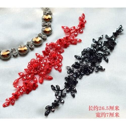 Red black flower beaded patches applique handmade crystal sequins Diy accessories wedding dress belt bridal headpiece patch