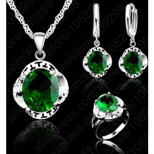 Real Crystal Wedding Jewelry Set 925 Sterling Silver Triangle Geometric Jewelry Sets,Pendant Necklace/Earrings/Ring