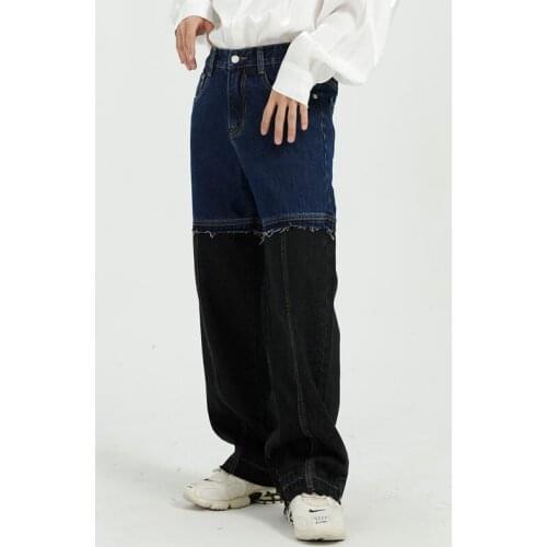 2021 New Men Retro splice Casual Loose Straight Jeans Pant Male Japan Korea Streetwear hip hop Vintage Denim Pants trousers