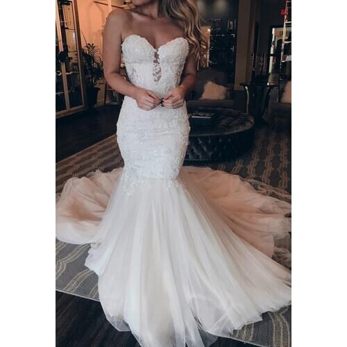 Charming Sweetheart Lace Mermaid Wedding Dresses Sleeveless Backless Appliques Tulle Sweep Train Bridal Gowns Custom Made