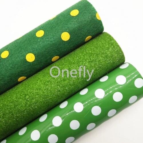 Onefly 21X29CM Green Glitter Leather, Dots printed Faux Leather, Felt Fabric Sheets For Bow DIY handbags shoes DQ014