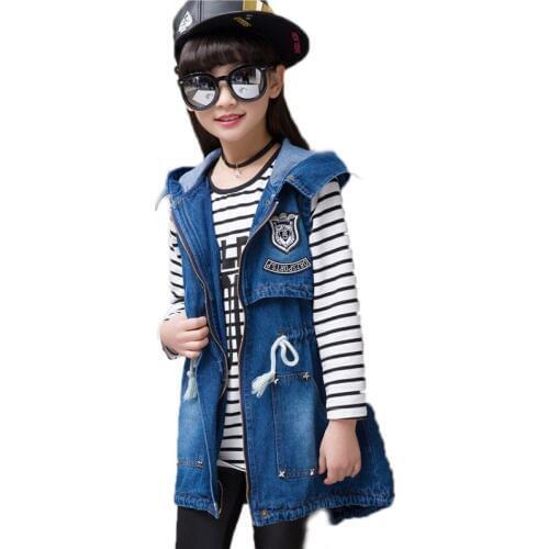 Hooded Girl Denim Vest 4-13Y Letter Printed Long Kid Cowboy Vest Waistcoat Sleeveless Jean Jacket Drawstring Children Outerwear
