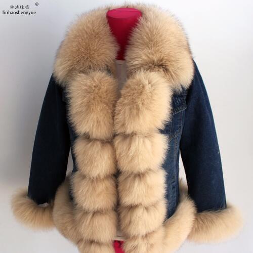 Linhaoshengyue NEW HOT Real Rabbit Fur Lining Coat for Women Fox Fur Collar Winter Warm Coat