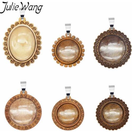 Julie Wang 2PCS Wood Oval Round Cabochon Base Settings Charms Hooks Glass Cabochon Blank Bezel Tray Jewelry Making Accessory