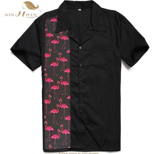 SISHION 50s Inspired Button Up Bowling Men Shirt ST110 Red Flamingo Short Sleeve Cotton Black Vintage Classic Retro Shirt
