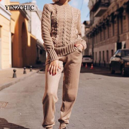 Thick Woman Knitted Two-pieces Set Winter New Female Casual Sweater Pants Sets Loose Turtleneck Sweater + Pants Sets for Woman