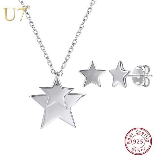 U7 925 Sterling Silver Stars Necklace And Stud Earrings Set Valentines / Mothers Day Gifts for Girlfriend Silver Jewelry SC92