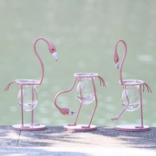 New Arrival Flamingo Hydroponic Vase, Wrought Iron, Glass Container Ornament for Home / Office (Pink)