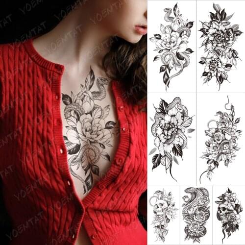 Waterproof Temporary Sleeve tatooo Stickers Snake Begonia Flower Blooming Line tattoos Sexy Body Art Fake tatoo Male Women Black