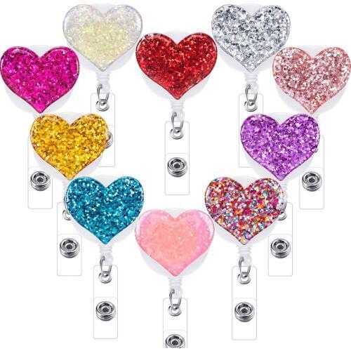 Idclip 1pc Bling Love Heart Retractable Badge Holder Badge Clips for Nurse ID Badge Reel with Alligator Clip