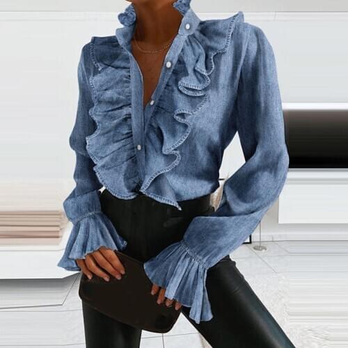 2021 New Womens Blouse Fashion Elegant V-Neck Ruffle Solid Color Female Shirts Casual Long Sleeves Office Lady Shirts