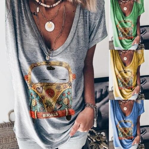 Women Summer Fashion V Neck Short Sleeve Cartoon Car Print T-shirt Blouse Top