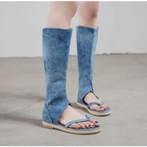 YMECHIC Daily Summer Denim Knee High Boots Female Blue Black Open Toe Flat Heel Womens Flats Shoes Plus Size Sandal Boot 2019