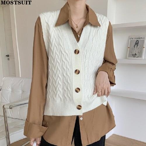Twisted Knitted Cardigan Vest Women 2021 Winter Sleeveless V-neck Single-breasted Tops Solid Vintage Ladies Vest Femme