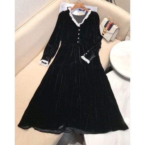Fashion 2021 new ladies long-sleeved V-neck velvet stitching lace waist dress 1230