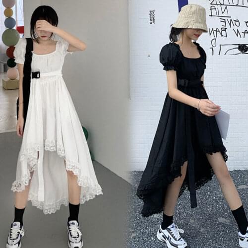 Women Dress Korean New Fashion Clothes Chic Lace Ruffles Vestidos Irregular Harajuku Lace Up Big Swing Dresses G1738