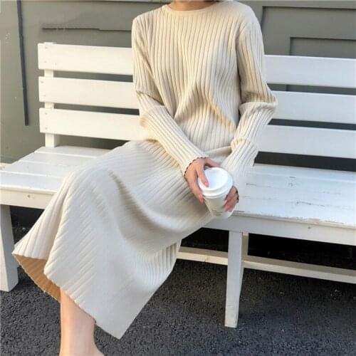 Comelsexy 2020 Autumn Winter Womens Knitting Dress Female Korean Long Sleeve Casual Loose Midi Length Winter Womens Dresses