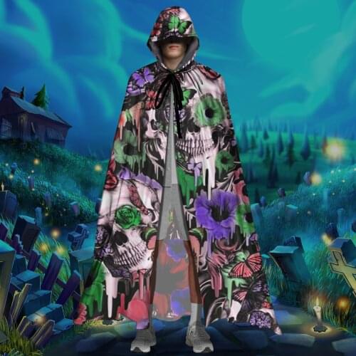 2021 Fashion Sugar Skull Floral Print Adult Unisex Open Front Vampire Costume Set with Reversible Hooded Cape Hallween Cloak