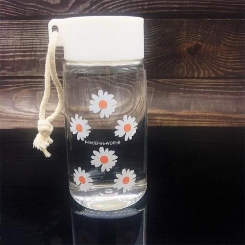 500ml Small Daisy Transparent Plastic Water Bottles BPA Free Creative Frosted Water Bottle with Portable Rope Travel Tea Cup