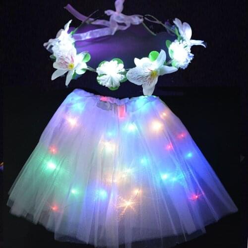 White Women Flower Girl LED Blinking Wreath Light Up Skirt Tutu Cosplay Costume Holiday Clothes Dance Ballet Wear Wedding