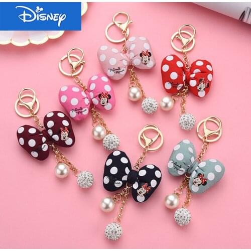 Disney Cute Minnie Mouse Spot Bow Pearl Key Chain For Women Child Bag Car Accessories KeyRing New 6 Style Keychains
