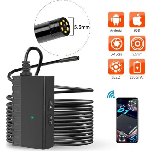5.0MP WiFi Endoscope HD Inspection Camera Wireless Snake Camera with Semi-Rigid Cable 6 LED Borescope for Android & iOS Smart