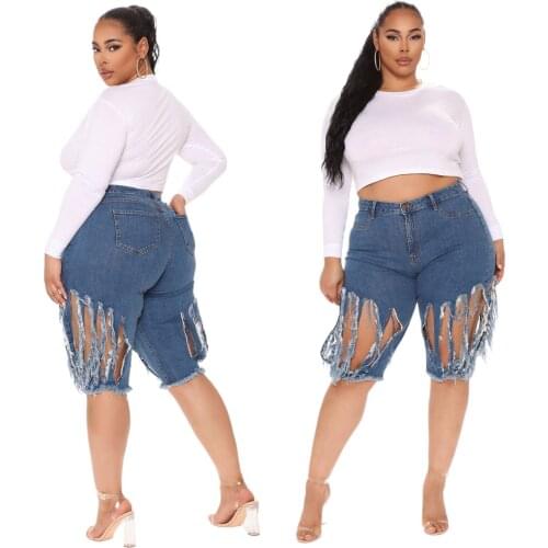 European and American womens fashion trend frayed high-waist washed stretch mother jeans five-point pants