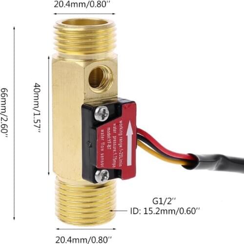 G1/2\" Brass Hall Flow Rate Meter NTC Temperature Measurement Water Flow Sensor Meter 77UD