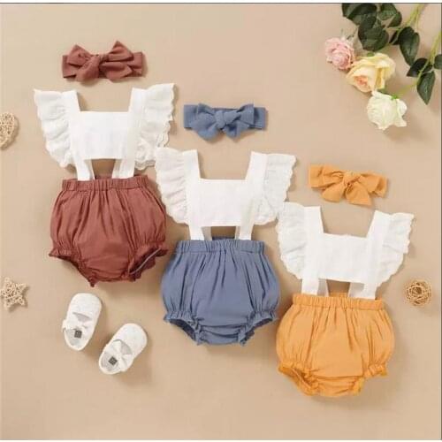 Citgeett Summer Infant Baby Boys Girls Clothing Solid Color Lace Sleeveless Bodysuit Headwear Set Sweet Style Jumpsuit Clothes
