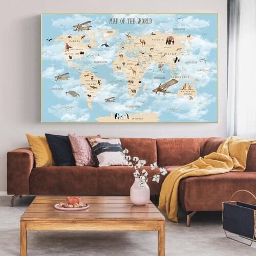 Colorful Animal Airplane World Map Poster Canvas Painting Poster and Prints Wall Art Cuadros for Home Kids Room Decoration