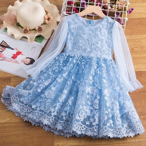 Girls Lace Long Sleeve Dresses Flower Embroidery Princess Party Tutu Vestidos Elegant Wedding Birthday Children Winter Clothes