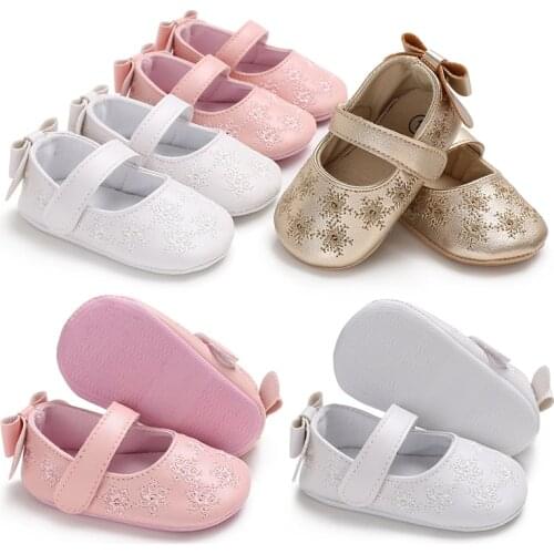 Soft PU-Leather Baby Princess Shoes Newborn Girls Moccasins Shoes Sole Prewalker Non-slip Hollow Bow-knot Walkers