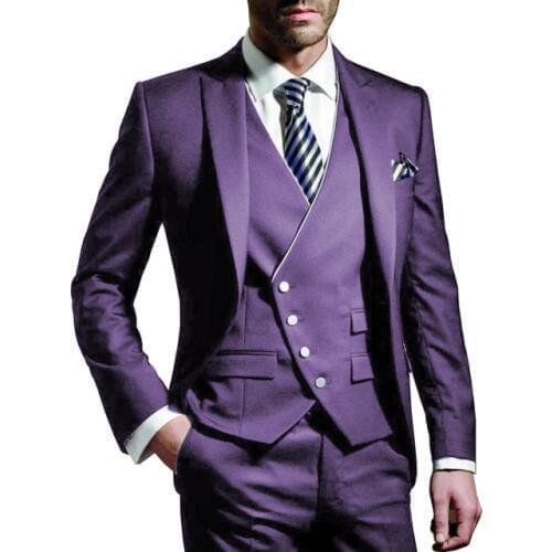Three Pieces Men suits Notched Lable Purple Groomsuit Blazer One Button Formal Business Suits Tuxedo (Blazer+vest+Pant)