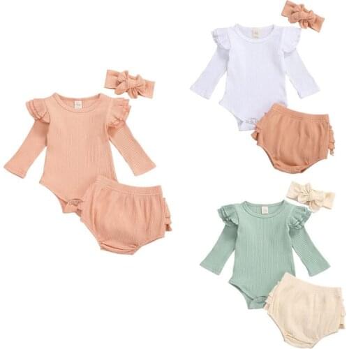 0-18M Toddler Baby Infant Girl Clothing Set 3Pcs Long Sleeve Solid Kintting Romper Top Shorts Headband 3Colors Outfit Set