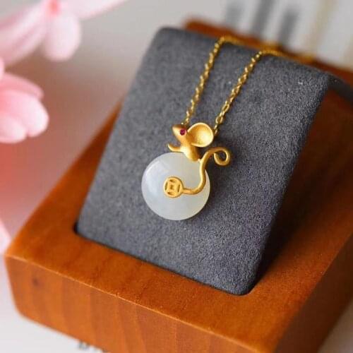 Natural Hetian white jade small mouse Yuan Bao Pendant Necklace Chinese style retro unique ancient gold craft women present