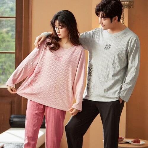 Long Sleeve Couple Autumn Winter Pajamas Set Simple O-Neck Cotton Homewear Cartoon Men Women Sleepwear Sweet Pink Women Pajamas