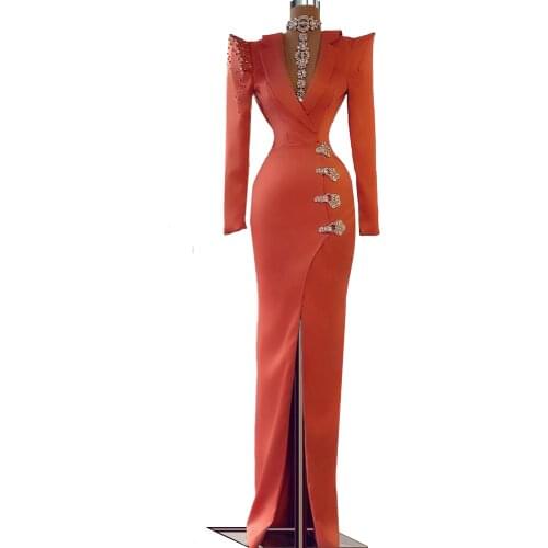 Suit Collar Front Slit Red Carpet Dresses платья на выпускной 2021 Sheath Long Orange Formal Dress