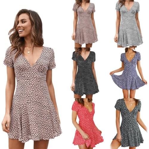 Women Fashion Floral Wrap Dress Summer Elegant Short Sleeve Boho Dots Print Mini Sundress Sexy V Neck Ladies Clothes 2021