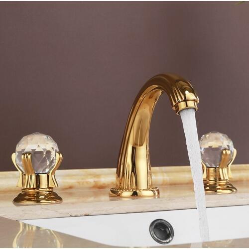 Luxury Gold crystal and Solid brass 3 Holes Widespread Bathroom Sink Faucet New Hot and cold water Vanity Basin Mixer Tap