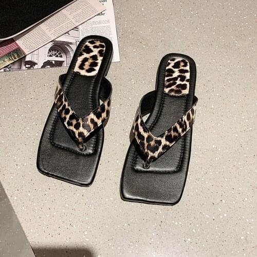 35-41 Summer Women flip flops Fashion Leopard Woman Slip On Slides Square Toe Flat Casual slippers Beach Shoes 2021 New