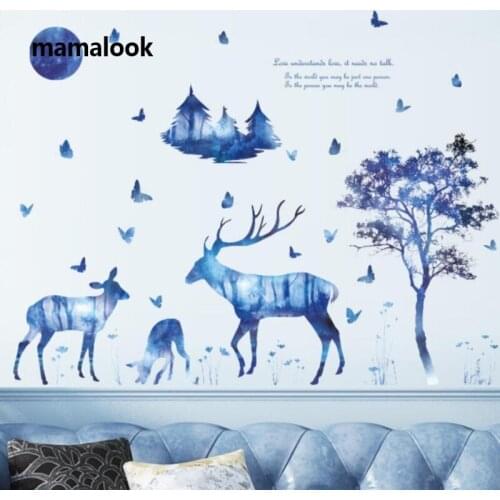 Blue Dream Forest Deer Nordic Modern Decorative Wall Stickers Living Room Bathroom Entrance TV Wall Decorative Stickers