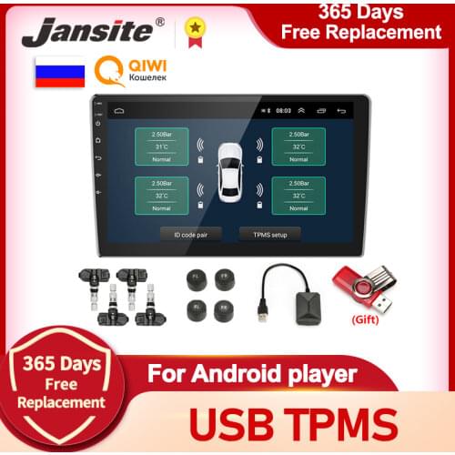 Jansite USB Android TPMS Car Tire Pressure Alarm Monitor System For vehicle Android player Temperature Warning with four sensors