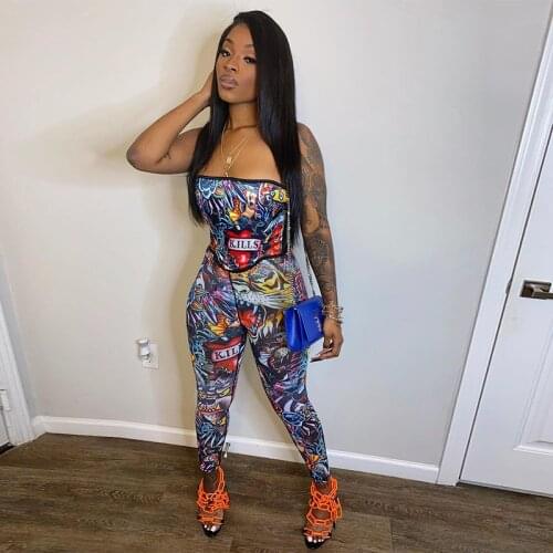 Echoine Cartton Letter Print Strapless Crop Top and Legging Pants Two Pieces Women Club Outfits Party Streetwear