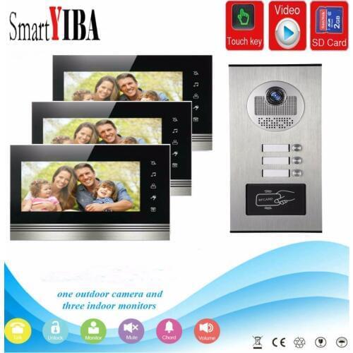 SmartYIBA 7"Inch Monitor Video Intercom Door Phone KIT RFID Access Doorbell Camera With SD Card Video Recording For 3 Apartment