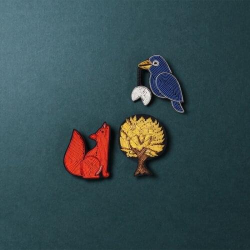 DIY craft Embroidered Patches Pure hand-embroidered Golden tree, apple tree, fox, crow with metal spring copper wire badges